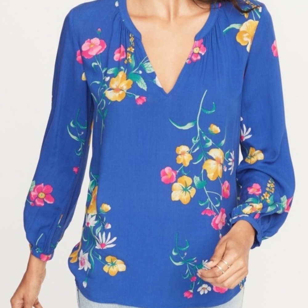 Blouse V-Neck Pullover Long Sleeve Spring Peasant Top Boho Blue Floral XL